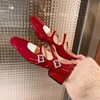 红色单鞋女2024春秋浅口方头婚鞋中粗跟漆皮法式复古玛丽珍鞋