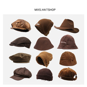 秋冬季棕色针织帽子，显白咖啡色贝雷帽复古渔夫帽男女日系小众