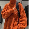 橘红色棒针粗线毛衣男高领，日系慵懒复古麻花针织衫，线衣情侣外套冬