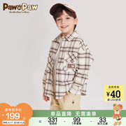pawinpaw卡通小熊童装24年春季男童，纯棉格纹印花休闲长袖衬衫