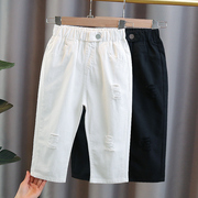 女童夏季白色裤子薄款2024儿童夏天破洞七分裤，大童洋气中裤棉