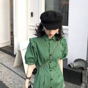 MUAMY夏装2022法式复古赫本风高级感甜美绿色条纹衬衫连衣裙