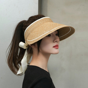 日本UV防晒空顶帽女夏季遮阳显脸小百搭蝴蝶结草帽度假可折叠帽子