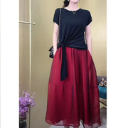 夏季大码韩版气质系带针织衫女高档网纱a字半身裙套装两件套裙子