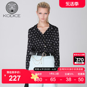 KODICE春夏黑色品牌标识图案丝滑长袖时尚V领个性上衣