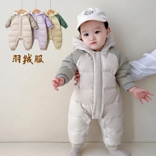 宝宝冬季连体衣婴儿加厚羽绒服外出服爬服儿童白鸭绒(白鸭绒)保暖带帽外套