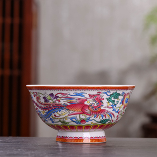 景德镇家用饭碗套装陶瓷仿古寿碗宫廷，珐琅餐具单个骨瓷高脚龙凤碗