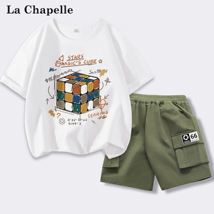 拉夏贝尔男童夏装套装大童装夏季纯棉短裤男孩运动服儿童短袖t恤