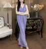 国风新中式紫色亚麻无袖v领连衣裙女夏季褶皱收腰显瘦鱼尾长裙子