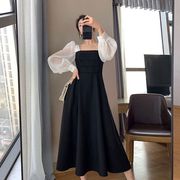 2024春秋韩版大码拼接连衣裙，女薄款赫本风，长袖气质黑色长裙