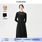 NAERSI/娜尔思解构不对称立裁黑色收腰连衣裙24春季气质裙子