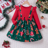 圣诞款外贸童装 中小童女童双蝴蝶结圣诞节假两件拼接连衣裙