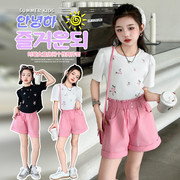 女童绣花短袖t恤糖果色休闲短裤时髦两件套中大童韩版洋气夏装裤