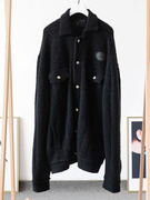 高端外贸折圈圈毛超长袖，宽松帅气logo羊毛，针织夹克外套毛衣黑色