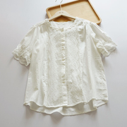 蕾丝刺绣棉布镂空衬衫，女短袖森系文艺通勤泡泡袖衬衣