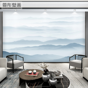 新中式意境水墨山水壁画客厅，电视背景墙壁纸蓝色，抽象卧室大气墙布