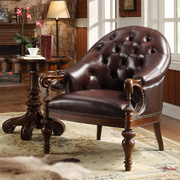 美式实木沙发椅真皮老虎椅别墅奢华客厅轻奢真皮休闲椅单人接待椅