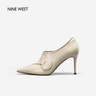 Nine West/玖熙深口单鞋女春季尖头牛皮细跟皮鞋高跟鞋深口