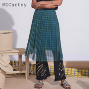 MICartsy王紫珊2021早春格子网纱压褶半身裙显瘦小众设计感