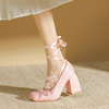 交叉绑带粉色缎面高跟鞋女粗跟外穿芭蕾舞鞋2024法式方头单鞋