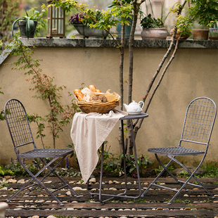 美式乡村户外铁艺折叠桌椅三件套组合花园庭院，阳台休闲复古咖啡桌