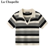 拉夏贝尔/La ChapellePOLO领上衣韩系条纹短袖T恤休闲上衣女