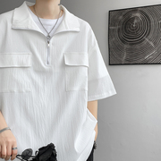 白色高级感半拉链短袖，男款日式复古口袋设计polo衫t恤七分袖上衣