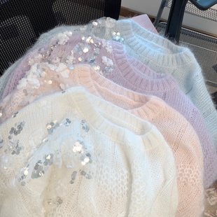 粉红色韩版慵懒毛衣女2023春秋冬气质针织衫宽松长袖套头上衣