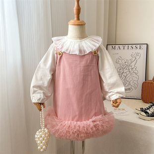 女童背带裙套装时髦洋气，小女孩春秋宝宝粉色，连衣裙公主裙套裙