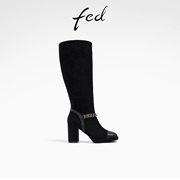 fed高跟长筒靴冬季靴子绒面瘦瘦靴链条时装靴女款R1121-ZF325