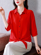 红色中袖天丝衬衫女士装夏季设计感下摆，打结小衫宽松洋气冰丝上衣