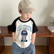韩版夏季男童宝宝潮牌小熊短袖T恤儿童纯棉卡通印花插肩拼色上衣