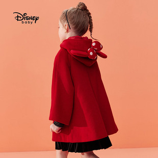 迪士尼女童羊毛呢子斗篷，式大衣米妮儿童大红中长外套宝宝新年服装
