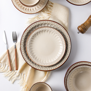 美式复古碗碟套装，家用创意饭碗平盘菜盘子欧式陶瓷，西餐盘餐具微瑕
