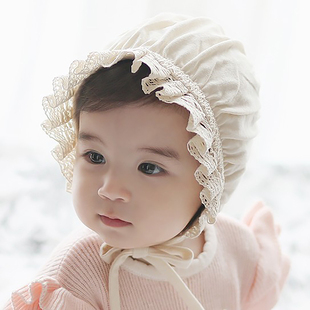 韩国进口女宝宝公主宫廷帽婴幼儿童有机棉护耳帽子新生儿满月胎帽