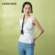 香莎chansarr复古优雅气质，绣花边斜襟开衫，纯棉舒适系带修身上衣