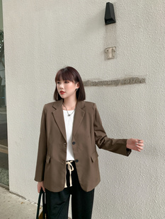 早秋季韩版2022薄款垂感宽松中长款卡其色流行长袖西装外套女