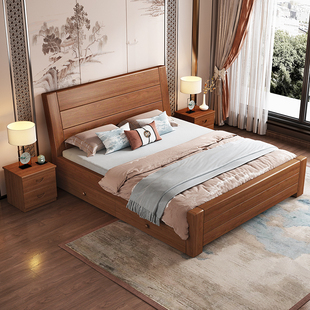 新中式实木床1.8米床现代简约双人床主卧室1.5米单人床家用加厚床
