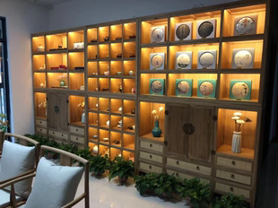 新中式老榆木书橱书柜，陶瓷茶壶古玩，储藏柜茶室家具实木格子展示柜