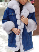 俄罗斯女装冬季加厚原创毛边气质女皮毛一体牛仔长款大衣外套