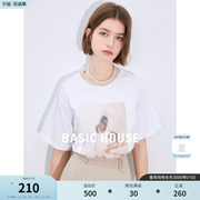 Basic House/百家好白色短袖T恤女夏季印花设计感小众