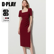 DPLAY2024春夏法式复古红色连衣裙方领红色回门服礼服订婚服女