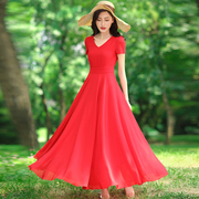 连衣裙女2023夏修身(夏修身)雪纺大摆红裙，v领气质长裙波西米亚沙滩裙
