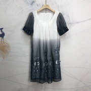 撞色拼接设计感双层镂空圆领，雪纺连衣裙夏季时尚洋气精致长裙