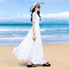 2024夏季白色雪纺蕾丝，五分袖大摆连衣裙波，西米亚沙滩长裙及踝