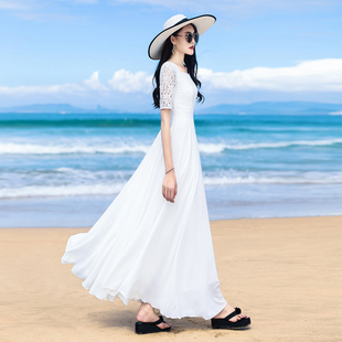 2024夏季白色雪纺蕾丝，五分袖大摆连衣裙，波西米亚沙滩长裙及踝