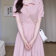 多巴胺粉色娃娃领衬衫，连衣裙女2024夏季甜美初恋度假风小个子长裙