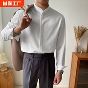 新中式立领衬衫男长袖白色免烫，衬衣伴郎上衣2023年商务休闲风薄款