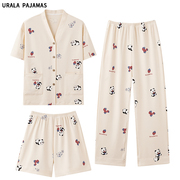 uralapajamas可爱小熊猫睡衣女，夏天短袖纯棉薄，款三件套装家居服
