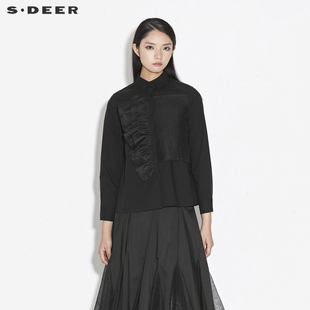 sdeer圣迪奥女装，春装时尚翻领雪纺，拼接黑色长袖衬衫s21380505